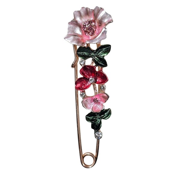 Vintage Style Enamel Floral Safety Pin Brooch – Pink & Red Flowers with... - Picture 1 of 4